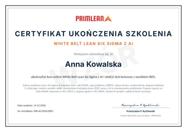 Wzór certyfikatu White Belt Lean Six Sigma z AI